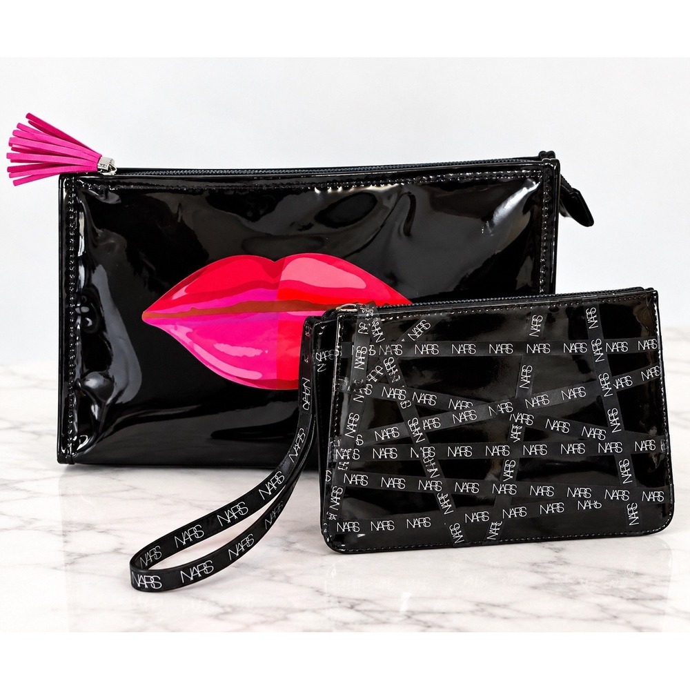 NARS 2 Piece Cosmetic Makeup Bag Set Black Pink Lips Wristlet Pouch Macy's